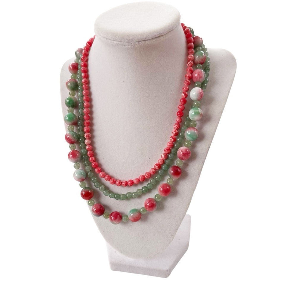 Jade and Coral Three Strand Round Bead Necklace